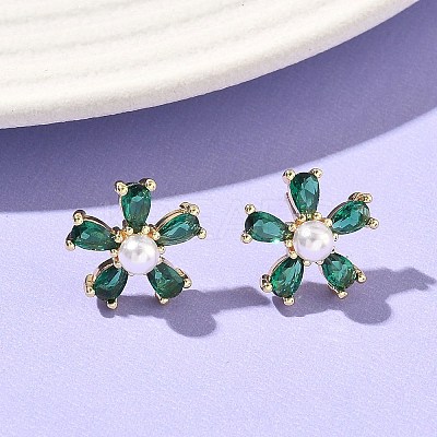 Flower Brass Cubic Zirconia Stud Earrings EJEW-P336-06G-07-1