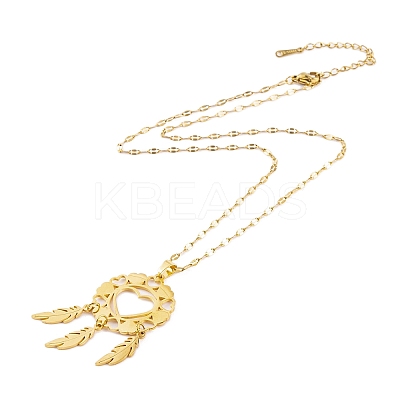 Woven Net/Web with Feather 201 Stainless Steel Boho Pendant Necklaces for Women NJEW-G087-01G-1