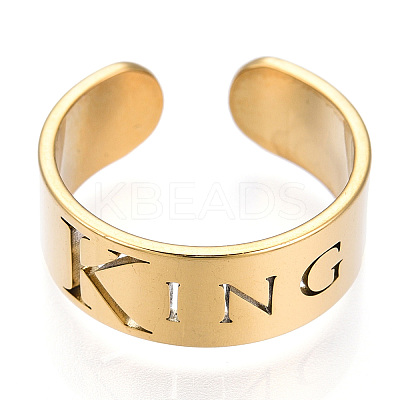 Ion Plating(IP) 304 Stainless Steel Word King Open Cuff Ring for Women RJEW-T027-09G-1