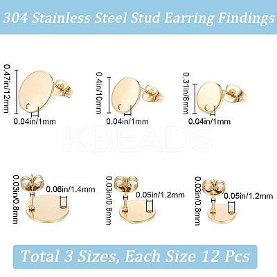 36Pcs 3 Size Flat Round Ion Plating(IP) 304 Stainless Steel Stud Earring Findings STAS-SP0001-59G-1