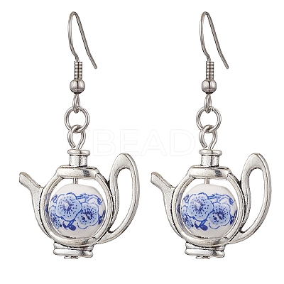304 Stainless Steel Handmade Flower Printed Porcelain Ceramic Beads Dangle Earrings EJEW-JE06288-1