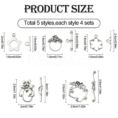 20Pcs 5 Styles Flower Tibetan Style Alloy Toggle Clasps FIND-YW0005-24-1