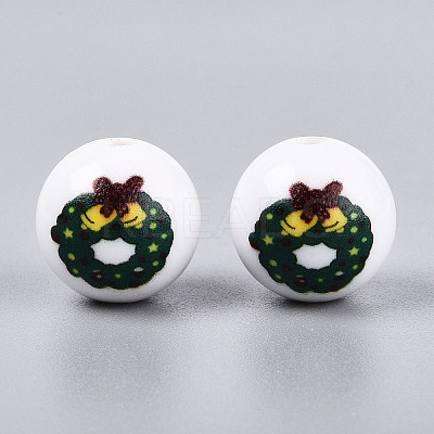 Christmas Printed Opaque Acrylic Round Beads OACR-T029-08E-1