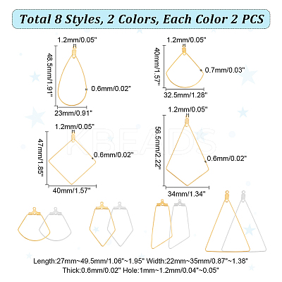 32Pcs 16 Style Teardrop & Fan & Kite & Rhombus & Triangle 304 Stainless Steel Wire Pendants STAS-UN0045-53-1