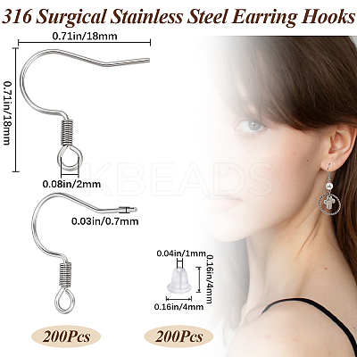 200Pcs 316 Surgical Stainless Steel Earring Hooks STAS-BBC0006-22-1