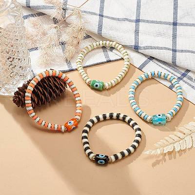 4Pcs 4 Color Handmade Evil Eye Lampwork Column Beaded Stretch Bracelets Set BJEW-JB08904-1