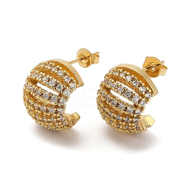 Brass Micro Pave Cubic Zirconia Half Round Stud Earrings EJEW-P252-03G-1