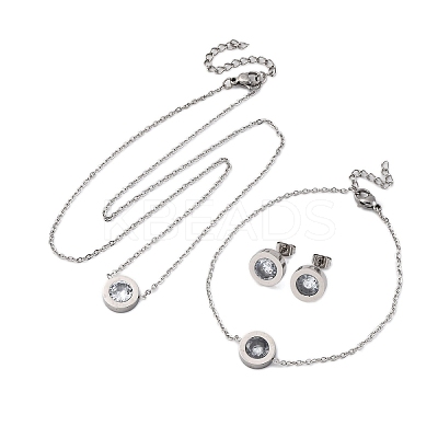 Flat Round 304 Stainless Steel Cubic Zirconia Pendant Necklaces & Bracelets & Stud Earrings Sets for Women SJEW-C004-19P-1