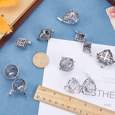 10Pcs 5 Styles Filigree Brass Cage Pendants KK-SC0003-77D-1