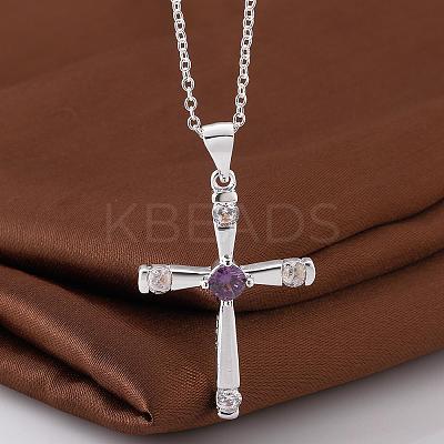Silver Color Plated Brass Cubic Zirconia Cross Pendant Necklaces NJEW-BB09493-1