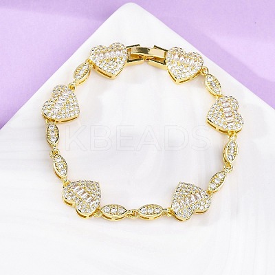 Heart & Horse Eye Brass Micro Pave Clear Cubic Zirconia Link Chain Bracelets for Women BJEW-G740-03G-1