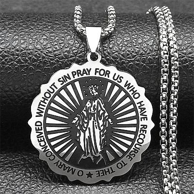 201 Stainless Steel Flat Round Virgin Mary Pendant Box Chain Necklaces STAS-D196-02P-1