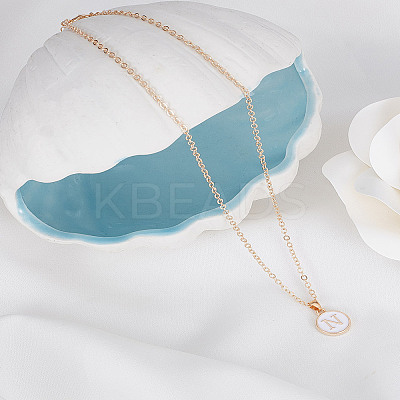 1Pc Zinc Alloy White Enamel Round with Letter Pendant Necklaces NJEW-LP0002-88G-N-1