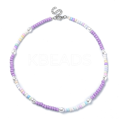 Glass Seed & Plastic Imitation Pearl Beaded Necklace NJEW-JN04377-1