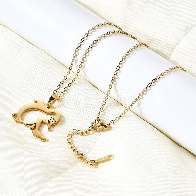 304 Stainless Steel Laser Cut Penguin with Fish Pendant Necklaces for Women Men NJEW-Q032-01B-G-1