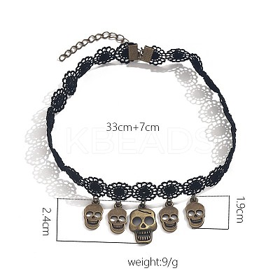 Halloween Gothic Alloy Skull Tassel Black Polyester Flower Lace Choker Necklaces for Women FS-WGBADFE-01-1
