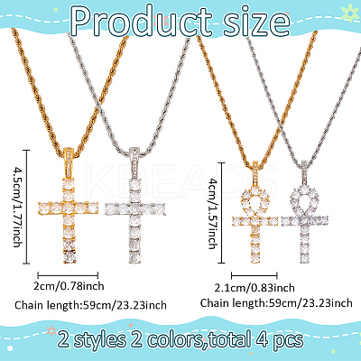 4Pcs 4 Style 304 Stainless Steel with Cubic Zirconia Cross Pendant Necklaces Set with Brass Chains NJEW-AN0001-81-1