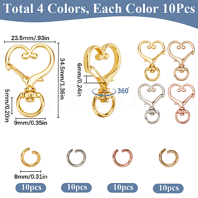 40Pcs 4 Colors Heart Shape Zinc Alloy Swivel Lobster Clasp FIND-SP0002-60-1