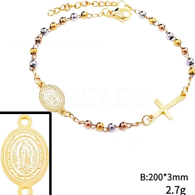 304 Stainless Steel Jesus & Cross Link Bracelet with 201 Stainless Steel Beaded Chains BJEW-WH0012-20C-1