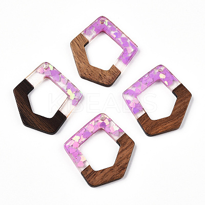 Transparent Resin & Walnut Wood Pendants RESI-N039-61A-1