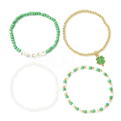 4Pcs 4 Style Word Lucky Acrylic & Glass Seed & Brass Beaded Stretch Bracelets Set BJEW-TA00312-1