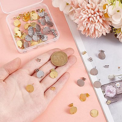 40Pcs 2 Colors 201 Stainless Steel Flat Round Stud Earring Findings STAS-UN0060-71-1