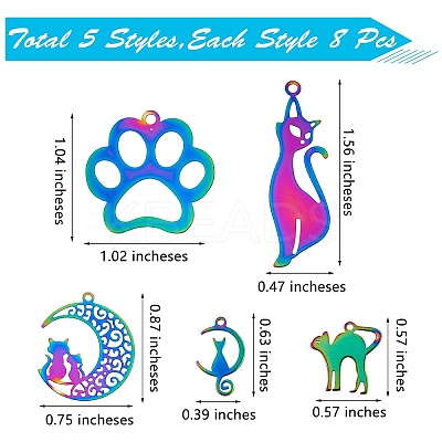 40Pcs 5 Style Ion Plating(IP) 201 Stainless Steel Pendants STAS-SZ0002-68-1