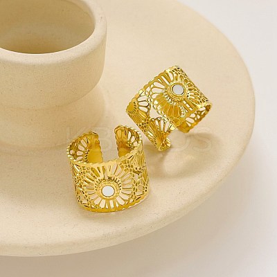 Hollow Out Flower 304 Stainless Steel with Natural Shell Cuff Open Rings for Women FS-WGFCCCD-01-1