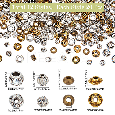 240Pcs 12 Styles Tibetan Style Zinc Alloy Beads FIND-SC0019-96-1