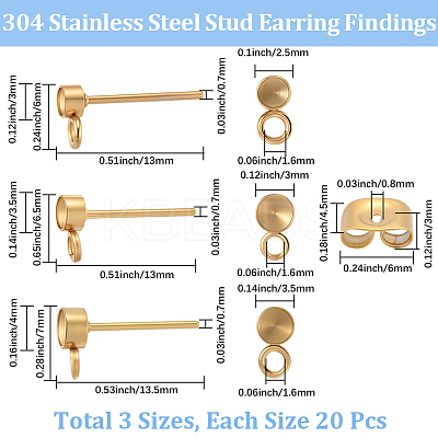 60Pcs 3 Style 304 Stainless Steel Stud Earring Findings STAS-BBC0007-45-1