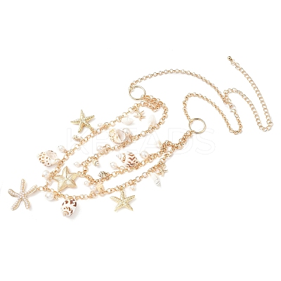 Summer Natural Shell & Plastic Pearl & Iron Starfish Alloy Double Layer Waist Belly Chains for Women AJEW-G067-02G-1