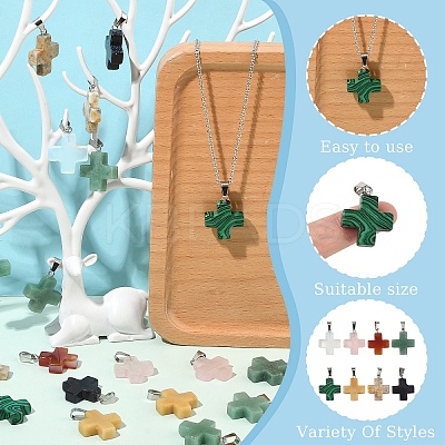 20Pcs Opalite/Synthetic Goldstone/Malachite/Turquoise/Natural Blue Spot Jasper/Crazy Agate/Green Aventurine/Indian Agate/Topaz Jade Cross Pendants G-YW0002-27-1