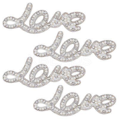 4Pcs Word Love Glass Crystal Rhinestone with Plastic Pearl Sew on Cloth Patches PATC-FG0003-51-1