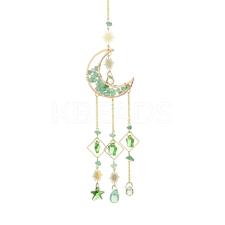 Natural Green Aventurine Chips Moon Pendant Decorations HJEW-FS00027-03-1