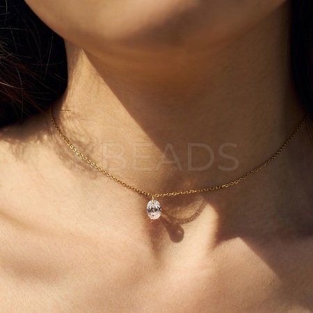 Clear Cubic Zirconia Oval Pendant 925 Sterling Silver Cable Chain Necklaces for Women NJEW-S457-02G-1