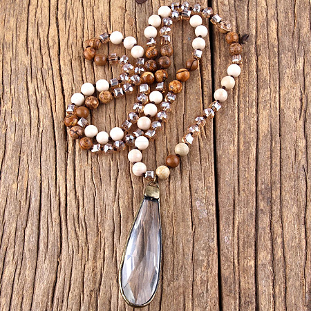 Bohemian Style Teardrop Glass Pendant Natural Picture Jasper & White Jade Round Beaded Long Necklaces for Women FS-WG767EC-04-1