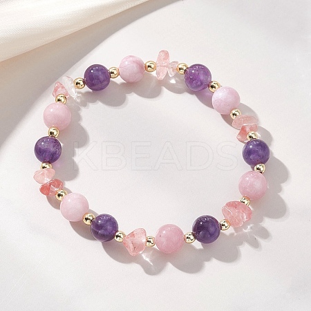 Cherry Quartz Glass & Natural Quartz & Natural Amethyst Stretch Bracelets for Women BJEW-JB13190-1