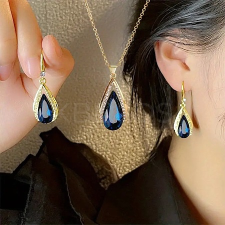 Teardrop Alloy Rhinestone Pendant Necklaces & Dangle Earrings Sets for Women FS-WG0B062-01-1