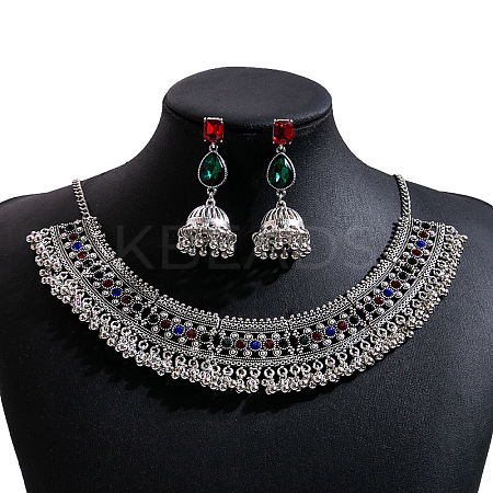 Teardrop Ethnic Style Alloy Glass Rhinestone Bib Necklaces & Dangle Earrings Sets FS-WG130A9-01-1