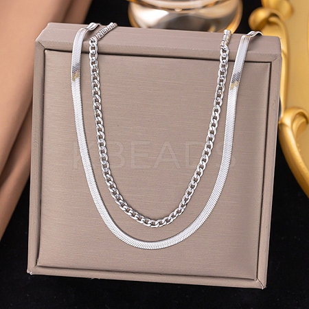 304 Stainless Steel Twisted Chain Flat Snake Chain Double Layer Necklaces NJEW-D350-03P-1
