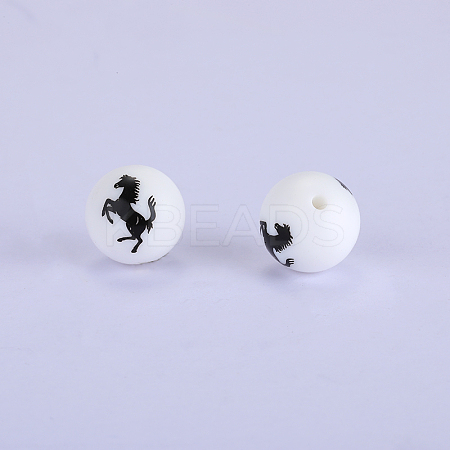 Printed Round with Horse Pattern Silicone Focal Beads SI-JX0056A-136-1