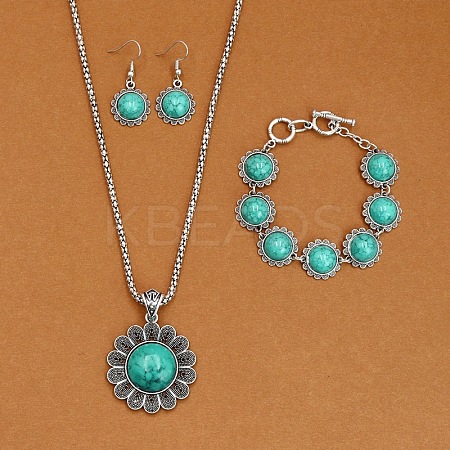 Flower Alloy with Synthetic Turquoise Pendant Necklaces & Dangle Earrings & Link Bracelets Sets WGD1135-17-1