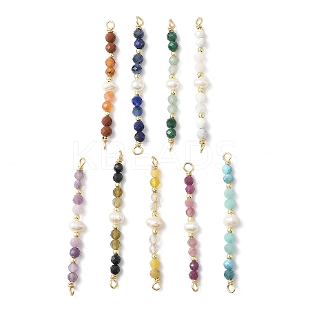 Faceted Round Natural Mixed Gemstone & Potato Natural Cultured Freshwater Pearl Beaded Connector Charms PALLOY-JF03531-1