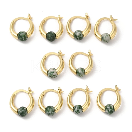 Natural Green Spot Jasper Round Beaded Hoop Earrings EJEW-A099-03G-04-1