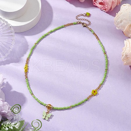 Glass Seed Beads & Flower Handmade Lampwork Beaded Necklaces NJEW-MZ00065-02-1