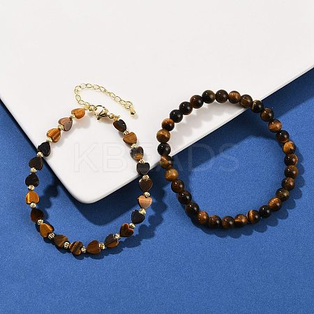 Natural Tiger Eye Beaded Bracelets Set for Women BJEW-G752-02G-06-1