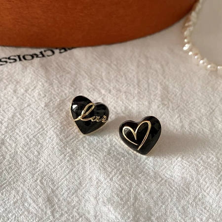 Heart & Word Love Enamel Asymmetrical Earrings EJEW-Z018-02B-1