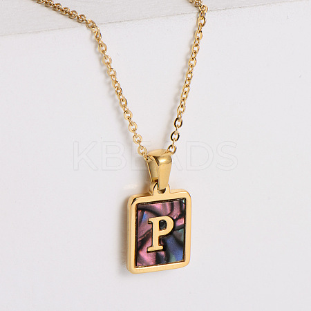 304 Stainless Steel Pave Natural Paua Shell Rectangle Initial Pendant Necklaces for Women FS-WG38E89-16-1