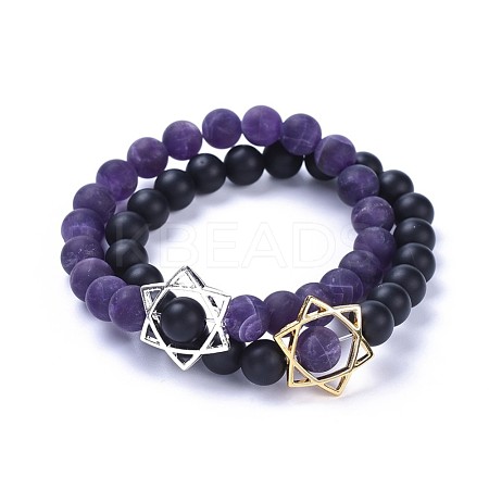 Natural Black Agate(Dyed) Bead and Natural Amethyst Bead Stretch Bracelet Sets BJEW-JB04298-05-1