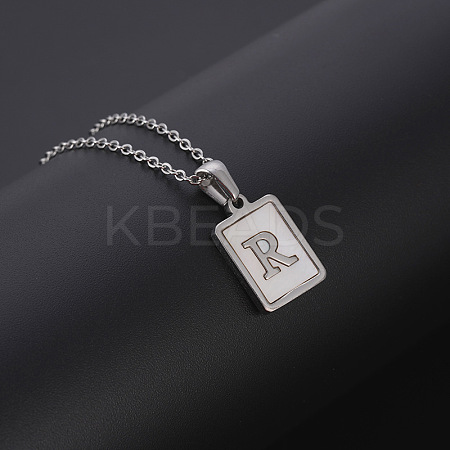 Rectangle Stainless Steel Pave Natural White Shell Pendant Necklaces FS-WG3D812-18-1